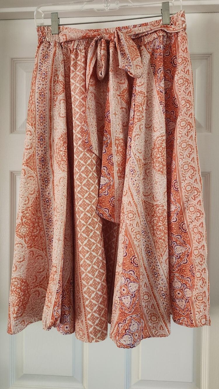 J Gee L Boho Midi Skirt Orange Medallion Paisley A-Line Tie Waist #328